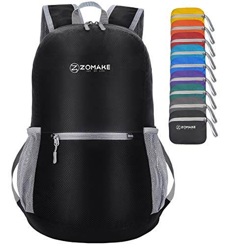ZOMAKE Ultraleicht Faltbarer Rucksack 20L,Kleiner Rucksäcke Wasserdicht Wanderrucksack Packable Backpack für Damen Herren Outdoor Wandern(Schwarz)