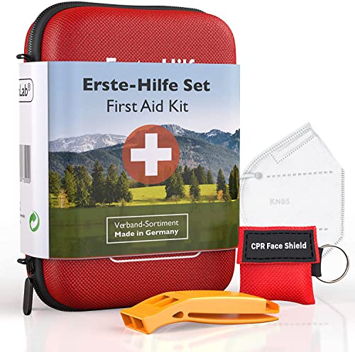 GoLab Erste Hilfe Set Outdoor | Mit Notfallbeatmungsmaske + Signalpfeife + FFP2 Maske für optimale Erstversorgung | aus Deutschland nach DIN 13167 | Survival Kit | Sport & Reise First Aid Kit
